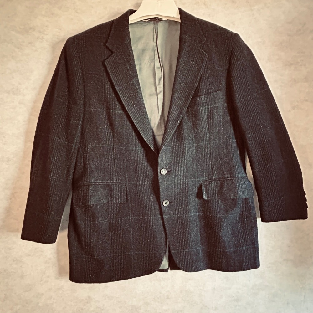 Stafford Mens 44R Plaid Wool Blend Blazer Jacket Tailored in USA Dark‎ Gray